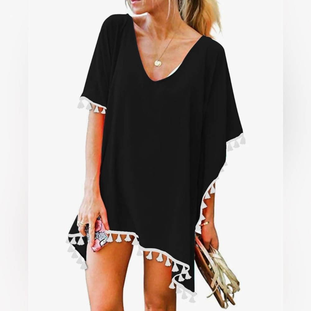 Women's Black Chiffon Swim Cover-Up with Tassels